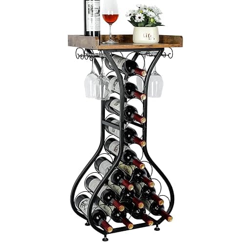 X-cosrack Wine Rack Freestanding Floor, Mini Bar Table Wine Holder Stand Liquor Cabinet with Glass Holder Wood Tabletop 14 Bottles Floor Wine Storage for Home Bar Kitchen Living Room (Patent Pending) - Image 1