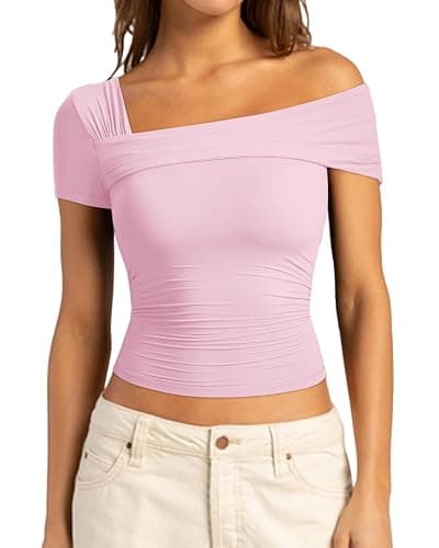 SUUKSESS Women One Off The Shoulder Summer Tank Tops Ruched Short Sleeve Shirts - Image 1