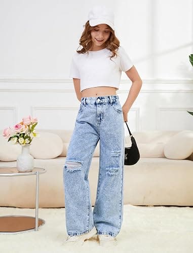Feuoive Girls Baggy Jeans Wide Straight Leg Elastic High Waisted Denim Pants Fashion Y2k Boyfriend Skater Streetwear 7-14Y thumbnail 4