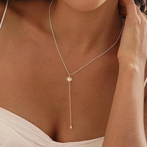 PRTGL Pearl Necklace: 14K Gold-Plated/White Gold-plated Pearl Necklace for Women 16.5” + 2” thumbnail 4