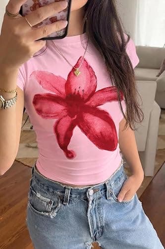 Tankaneo Womens Y2K Graphic Baby Tees Summer Flower Vintage Short Sleeve Tops Slim Fit Cropped T-Shirts thumbnail 3