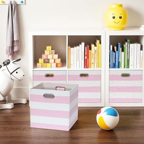 11 x 11 x 11 Inch Linen Stripe Storage Cubes for Home Organizing, Pack of 4 | Collapsible Fabric Bins with Handles, Striped Boxes for Office Wardrobe Closet Shelf Organizing thumbnail 2