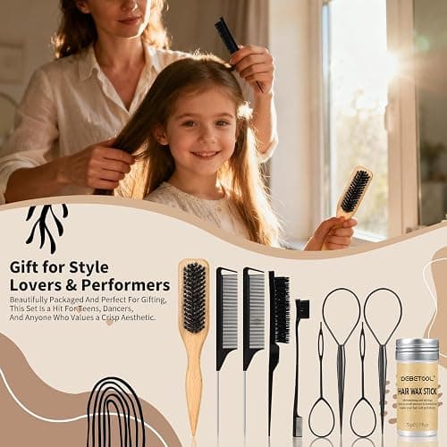 DEBETOOL 10-Piece Slick Back Hair Brush - Boar Bristle Hair Styling Tools Kit with Edge Brush & Wax Stick for Men Women, Kid thumbnail 7