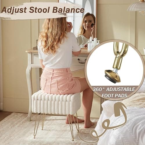 EBENCHICO Vanity Stool Chair with Storage, Faux Fur Stools for Vanity | Makeup Ottoman, Foot Stool, with 4 Metal Legs, Adjustable Feet, Small Vanity Bench, for Living Room Bedroom, White thumbnail 7