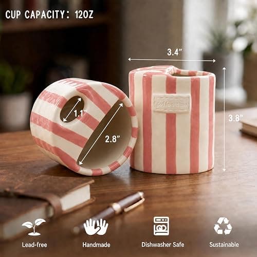 KOIMYSA Ceramic Coffee Mug with Sip Hole, 12oz To Go Ceramic Mug Striped | Cute Aesthetic Mug for Espresso Latte Cappuccino, Handmade Glazed Cup for Home Office Gift Use, Pink thumbnail 3