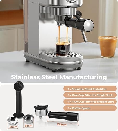 Espresso Machine with Milk Frother, 20 Bar High Pressure Professional Espresso Maker Automatic, Compact Stainless Steel Coffee Machine for Cappuccino, Latte, Gift for Coffee Lover, Dad or Mom, Silver thumbnail 8