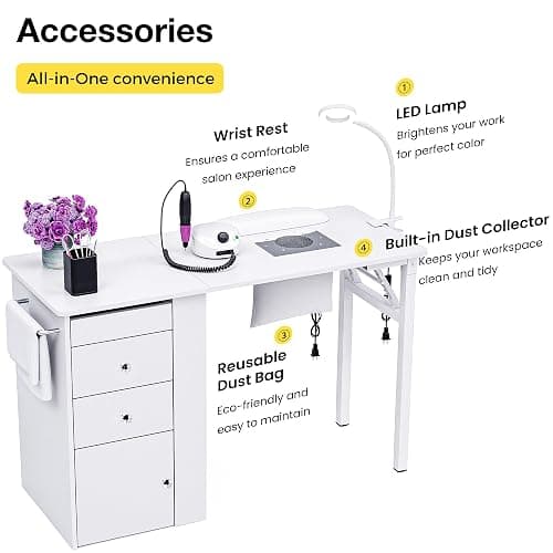 Foldable Nail Table with Dust Collector, Manicure Desk for Nail Tech, with LED Lamp, Wrist Rest, Rolling Nail Table for Salon, Home Beauty Workstation, Compact Nail Station with Storage (White) thumbnail 7