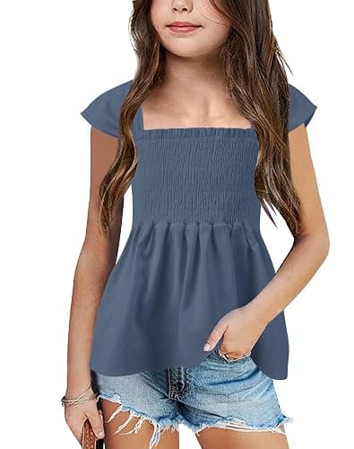 Bingerlily Girls Summer Casual Tops Square Neck T Shirts Cute Smocked Top Tees - Image 1