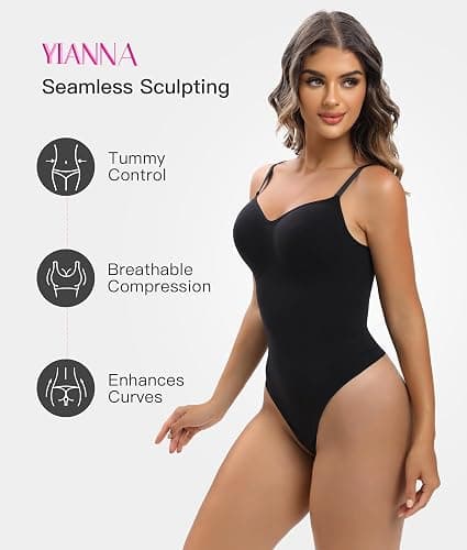 YIANNA Women's Shapewear Tummy Control Seamless Bodysuit Thong Body Shaper | Waist Shaping Faja Body Suit, High Stretch Compression Garment, Hook and Eye Crotch, for Invisible Under Dresses & Daily Wear thumbnail 3