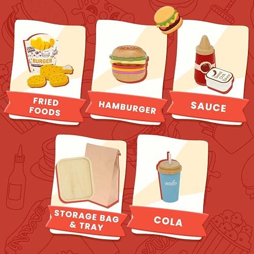 Masonbaby Wooden Play Food Set for Children, Pretend Fast Food Playset, Wooden Hamburger French Fries Toy, Play Kitchen Accessories for Toddlers, Educational Toys Gift for Boys Girls thumbnail 3