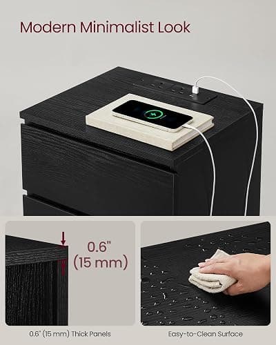 VASAGLE KAILYN Collection - Bedside Tables with Power Strip, Set of 2 Side End Tables with Drawers, 2 AC Outlets, 2 USB Ports, for Living Room, Bedroom, Study, Ebony Black LET831B57 thumbnail 7