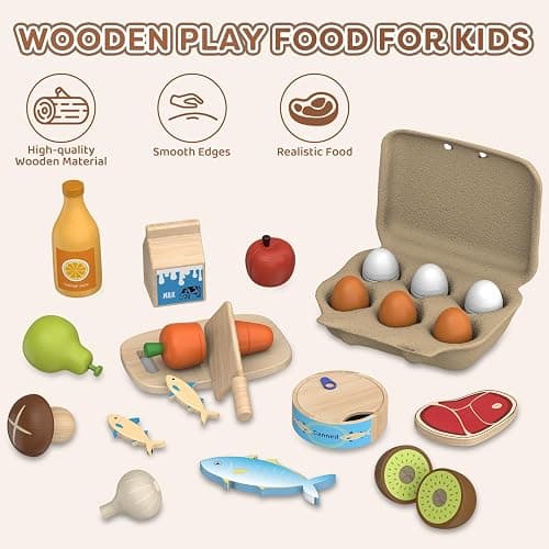 Wooden Play Food Toys for Kids - Pretend Play Kitchen Accessories Toy Set for Toddlers, Cutting Fruits Vegetables Toys Gift for Boys Girls Ages Over 3 Year Old thumbnail 3