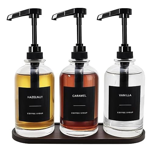 Coffee Syrup Dispenser for Coffee Bar, Glass Syrup Dispenser with 1/4oz Large Capacity Pump, Coffee Syrup Pump Dispenser Bottle for Coffee Station, Coffee Bar Organizer, Black with Tray,16.9oz - Image 1