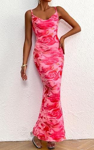 PRETTYGARDEN Women's 2026 Spring Floral Spaghetti Strap Maxi Dress Stretch Sexy Bodycon Dress Backless Slip Long Dresses thumbnail 4