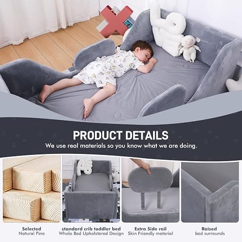 weeonekids Toddler Bed, Child Bed for Kids with Extra Safty Broad, Standard Crib Size Toddler Bed, Certified Fabric Toddler Beds,Toddler Flood Bed (Gray) - Grey thumbnail 6