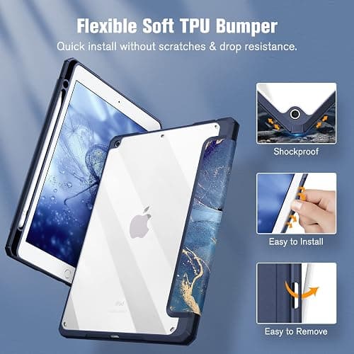 Fintie Hybrid Slim Case for iPad 9th / 8th / 7th Generation (2021/2020/2019) 10.2 inch - [Built-in Pencil Holder] Shockproof Cover with Clear Transparent Back Shell, Auto Wake Sleep (Ocean Marble) thumbnail 5