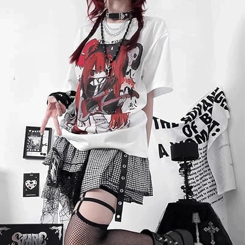 RILGOU Kawaii Goth Fashion Harajuku Y2K Casual Style Soft Crewneck Cute Cartoon Print Red Hair Guitar Girl T-Shirt thumbnail 3