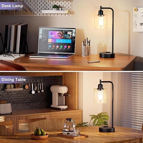 Industrial Touch Table Lamps for Bedrooms Set of 2 - 3-Way Dimmable Nightstand Lamps with USB C+A Ports and Outlet, Black Bedside Lamps with Glass Shade for Living Room, Desk Lamps for Home Office thumbnail 6