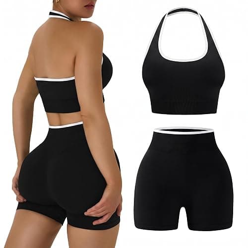 OLCHEE Workout Sets for Women 2 Piece Backless Halter Sports Bra High Waist Booty Shorts Yoga Gym Outfits Lounge Activewear - Image 1