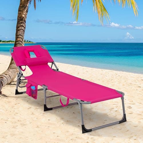 Goplus Tanning Chair, Folding Adjustable Patio Lounge Chair with Face Hole, Removable Pillow, 330LBS, Carry Strap, Outdoor Sunbathing Chair, Lightweight Portable Beach Lounge Chair, No Assembly thumbnail 2