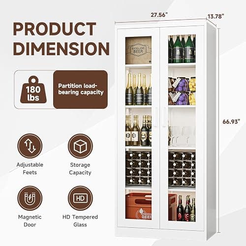 PEUKC Display Storage Cabinet with Glass Door, 67 Inches Metal Curio Cabinet with 4 Adjustable Shelves, HD&Tempered Glass Display Case for Home, Office, Clinic, Pantry, Assemble Required (White) thumbnail 3