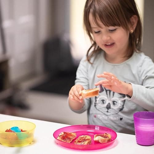 Cuddly Hippo Kids Plastic Dinnerware Set of 12 Multi Color Pieces (Plates and Bowls) - Reusable, BPA-Free, Dishwasher Safe and Microwaveable (Purple, Pink, Orange, Yellow, Green, Blue, 24 Pieces) thumbnail 5