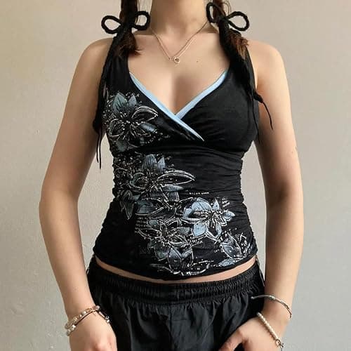Womens Y2K Emo Grunge Tank Top Graphic Vintage Print Mini Gothic Sexy Camis | Vintage floral print design;Mini thin spaghetti strap cami;Slim cut for sexy retro vibe;Versatile for solo wear or layering thumbnail 2