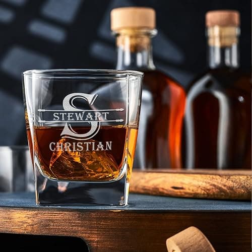 12 oz Personalized Double Old Fashioned Glass Set of 2 - Initial Block Surname Design - Black Custom Etched Cube Whiskey Glass - Perfect for Bourbon, Scotch, and Cocktails - Ideal Gift for Men thumbnail 2