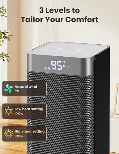 Space Heaters for Indoor Use, 1500W PTC Ceramic Electric Heater with Thermostat, Room Temperature Display, 70° Oscillation, Remote Control, 12H Timer, Quiet Portable Heater for Office Bedroom thumbnail 3