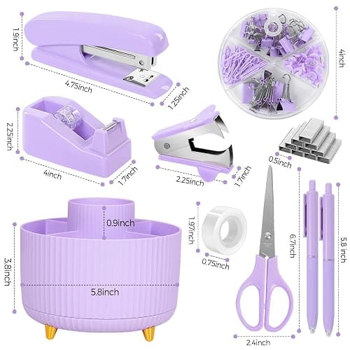 SKYDUE Purple Office Supplies Set, Purple Office Desk Accessories 10PCS, Pencil Holder for Desk, Stapler, Tape Dispenser, Scissors, Ruler, Binder/Paper Clips and 1000pcs Staples,Desk Supplies Set thumbnail 3