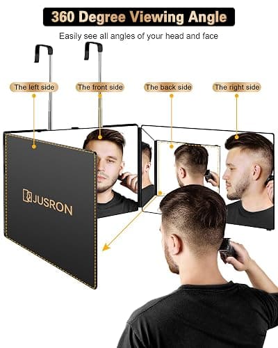 JUSRON 360 Viewing Angle Self Hair Cutting Mirror, Clear Anti-Fog HD Glass (Black Without LED Without Accessories) thumbnail 2