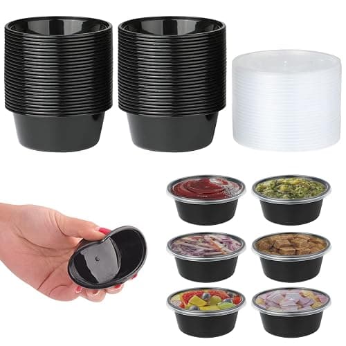 Jogoico 50Pcs Round Food Containers with Lids- 150ml (5oz) Plastic Sauce Pots Small Deli Pots, Meal Prep Takeaway Containers, Reusable Portion Cups for Sauce, Dips, Salad, Restaurants, Delivery - Image 1