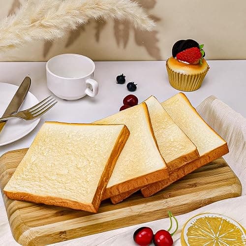 Yatinkim 4 Pcs 4.3 Inch Fake Toast Slices Realistic Artificial Bread Decoration Faux Loaves Soft Bread Dessert Simulation Food Model for Home Kitchen Bakery Display Birthday Party Photography Props thumbnail 2