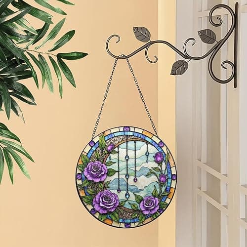 Purple Roses and Gemstone Chains Stained Glass Suncatcher 6in | Window Hanging Home Decor Metal Frame Hanging Chain Garden Decor Birthday Housewarming Gift thumbnail 2