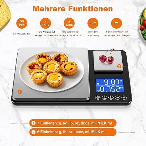 Küchenwaage Digital,Digitale KüChen mit 2 Plattformen 15kg/1g & 500g/0.01g Feinwaage mit 7/6 Einheiten,Summierungsfunktion,Auto-Off, Tara,No Usb,LCD,für KüChe Schmuck Backen Kochen,inkl. Batterien thumbnail 2