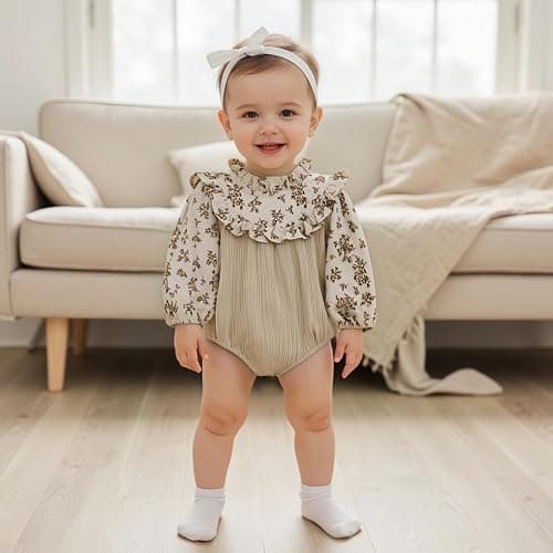 Baby Girl Bubble Romper Flower Print Long Sleeve Corduroy Bodysuit Smocked Jumpsuit Infant One Piece Fall Outfit thumbnail 2