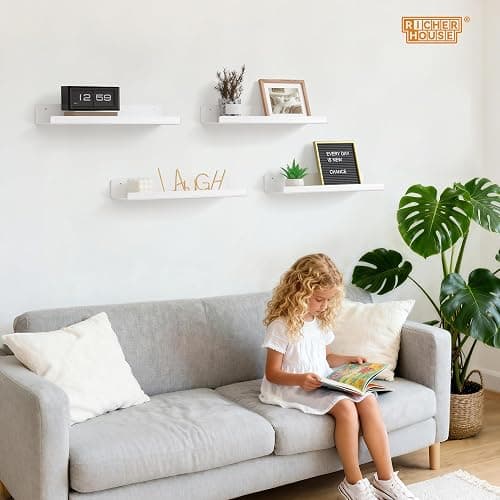 RICHER HOUSE 4 Pack White Acrylic Floating Shelves for Wall, 15"x4" Wall Mounted Shelf for Vinyl Record Display/Bookcase, Cosmetics/Room Décor//Storage in Bedroom, Office, Kitchen,Bathroom,Nursery thumbnail 2