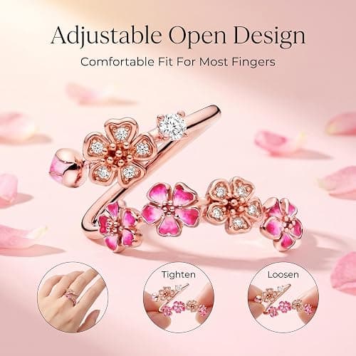 Generisch Pfirsichblütenring, Offener Ring mit rosa Pfirsichblütenzweig, Modeschmuck für Damen thumbnail 2
