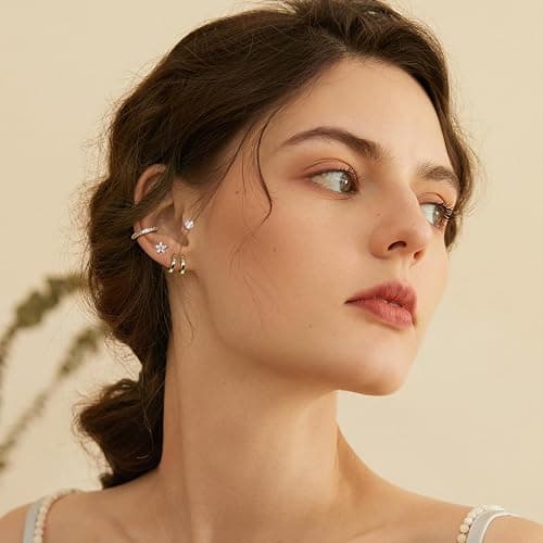 Small Gold Stud Earrings Set for Women - 14K Gold Plated CZ Huggie Hoops Hypoallergenic Earrings Dainty Flower Heart Stud Earrings for Jewelry Gift thumbnail 2