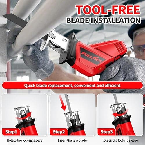 FULLYEA Reciprocating Saw Cordless, 0-3500SPM Power Reciprocating Saw with 2*2000mAh Battery & 4 Saw Blades, Tool-Free Blade Change, Variable Speed Reciprocating Saws for Woods/Metal/Plastic Cutting thumbnail 3