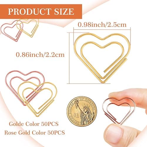 Love Heart Paper Clips, 100 Pack (Gold and Rose Gold), Cute Love Shaped Stainless Steel Metal Bookmarks for Document Note Sorting, Wedding Decoration, Crafts, Kids, Office Supplies thumbnail 3