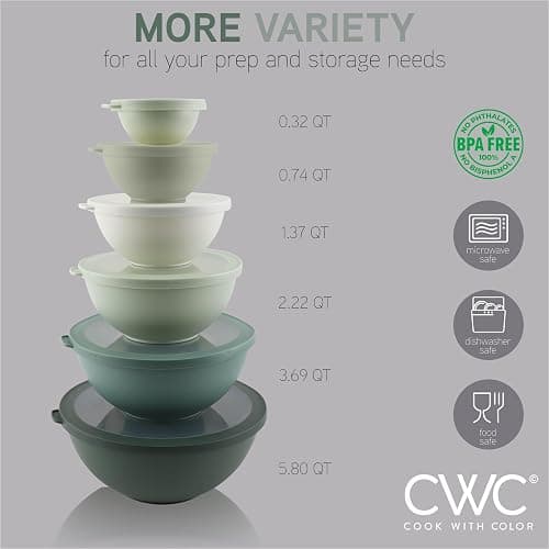 COOK WITH COLOR Mixing Bowls with TPR Lids - 12 Piece Plastic Nesting Bowls Set includes 6 Prep Bowls and 6 Lids - Microwave Safe (Sage) - Sage TPR Lids thumbnail 3