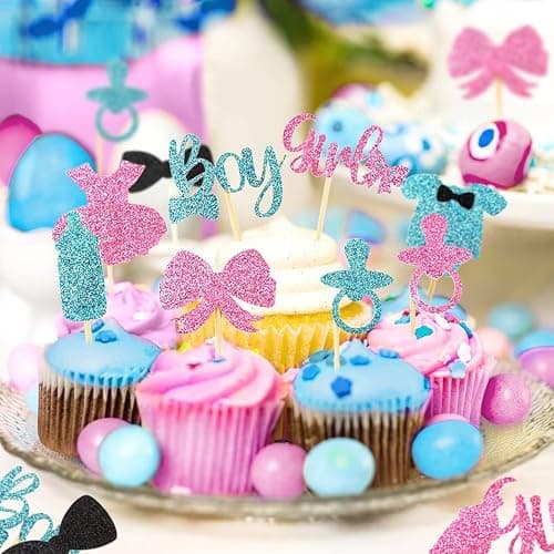 Tortendeko Babyparty, 30 Stück Boy or Girl Gender Reveal Party Kuchen Torten Dekoration, Cake Cupcake Topper Geschlecht Offenbaren Kuchendeko für Jungen Mädchen Baby Shower Geburtstag (Blau Rosa) thumbnail 5