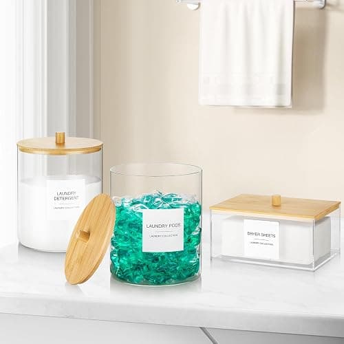 TIPGO Glass Jars and Acrylic Dryer Sheet Holder, Laundry Pods Container with Bamboo Lid and 27 Labels, Powder Detergent Containers for Laundry Room Organization, Storage Jars Set (3 Pack) thumbnail 2