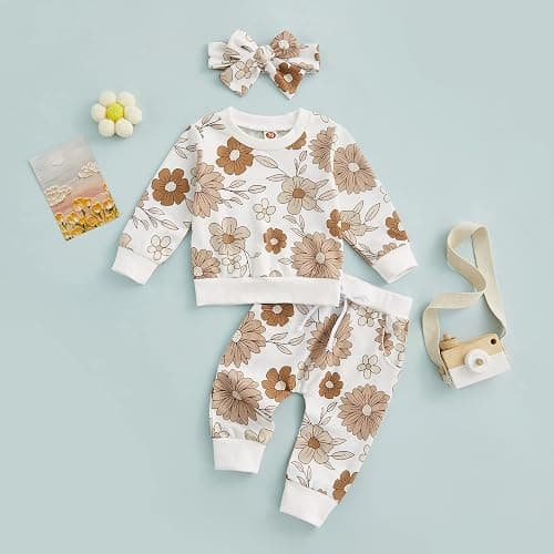 3Pcs Baby Girl Outfits Daisy Sweatshirt + Pants + Headband Infant Fall Winter Clothes thumbnail 6