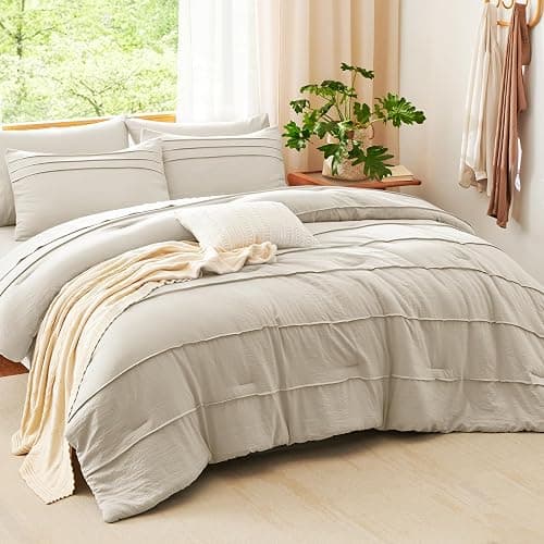 CozyLux Comforter Set Queen Size, Beige 7 Pieces Soft Pinch Pleat Bed in a Bag Queen Comforter Set with Sheets, Boho Bed Set with Down Alternative Comforter, Sheets, Pillowcases & Shams thumbnail 8