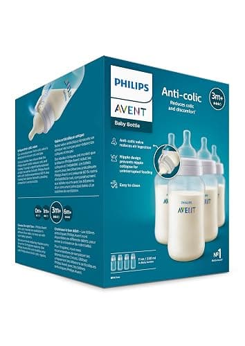 Philips Avent Anti-Colic Baby Bottles, 11oz, with Flow 3 Nipples, 3m+, 4pk, Clear, SCY106/04 thumbnail 9