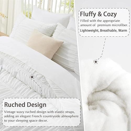 Oli Anderson Wavy Ruched Comforter Set King Size, White, 5 Pieces | Vintage Boho Shabby Chic Farmhouse Rustic Bedding Set, Fluffy Texture, Elastic Design, All Season Bedroom Decor thumbnail 3