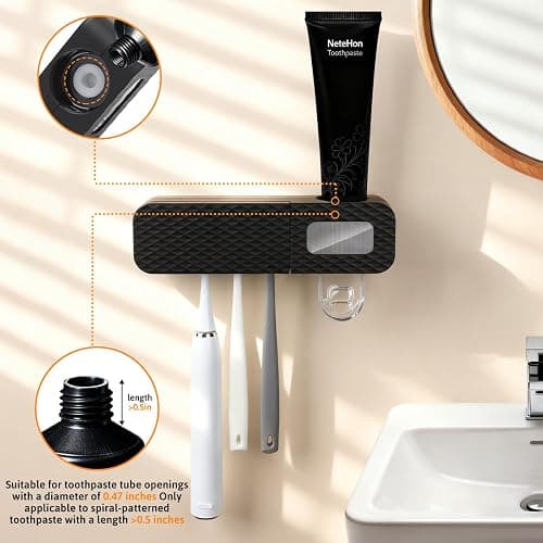 NeteHon Smart Toothbrush Holder, Wall Mounted Toothbrush Holder with Toothpaste Dispenser, Drying Function and 3 Toothbrush Slots for Bathroom (Black) thumbnail 5