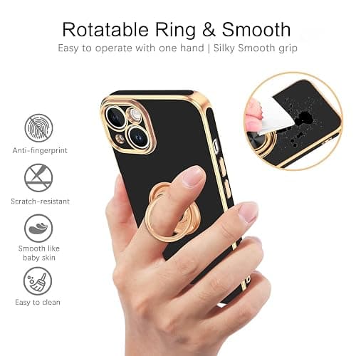 VENINGO iPhone 14 Case,Phone Case for iPhone 14,Slim Fit Soft 360° Ring Holder Kickstand Magnetic Car Mount Supported Easy Clean Shockproof Protective Cover for iPhone 14 6.1" 2022, Black/Golden thumbnail 3